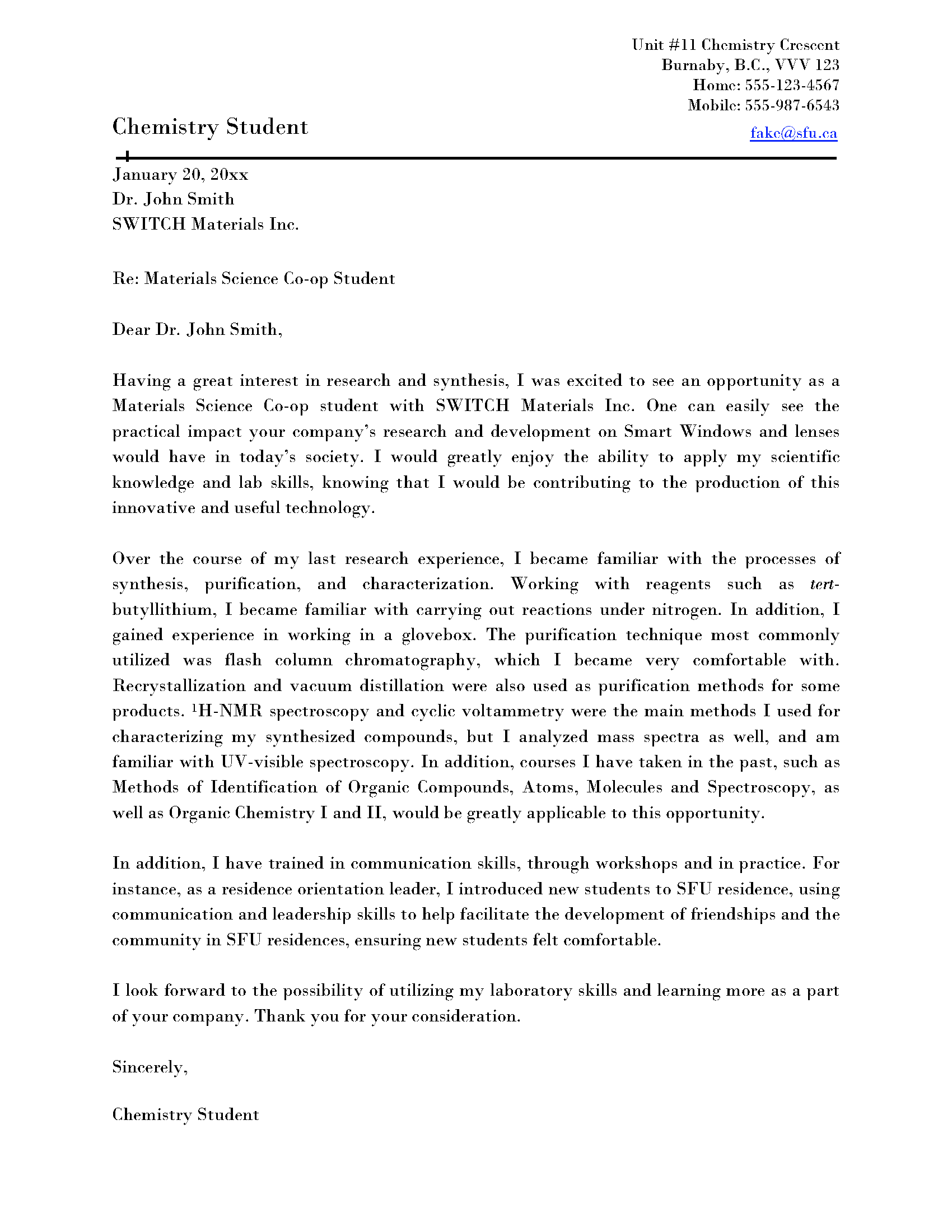 example cover letter for chemistry job